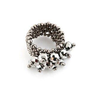 Silver Hematite Faceted Crystal Seed Bead One Size Stretch Ring 7-10